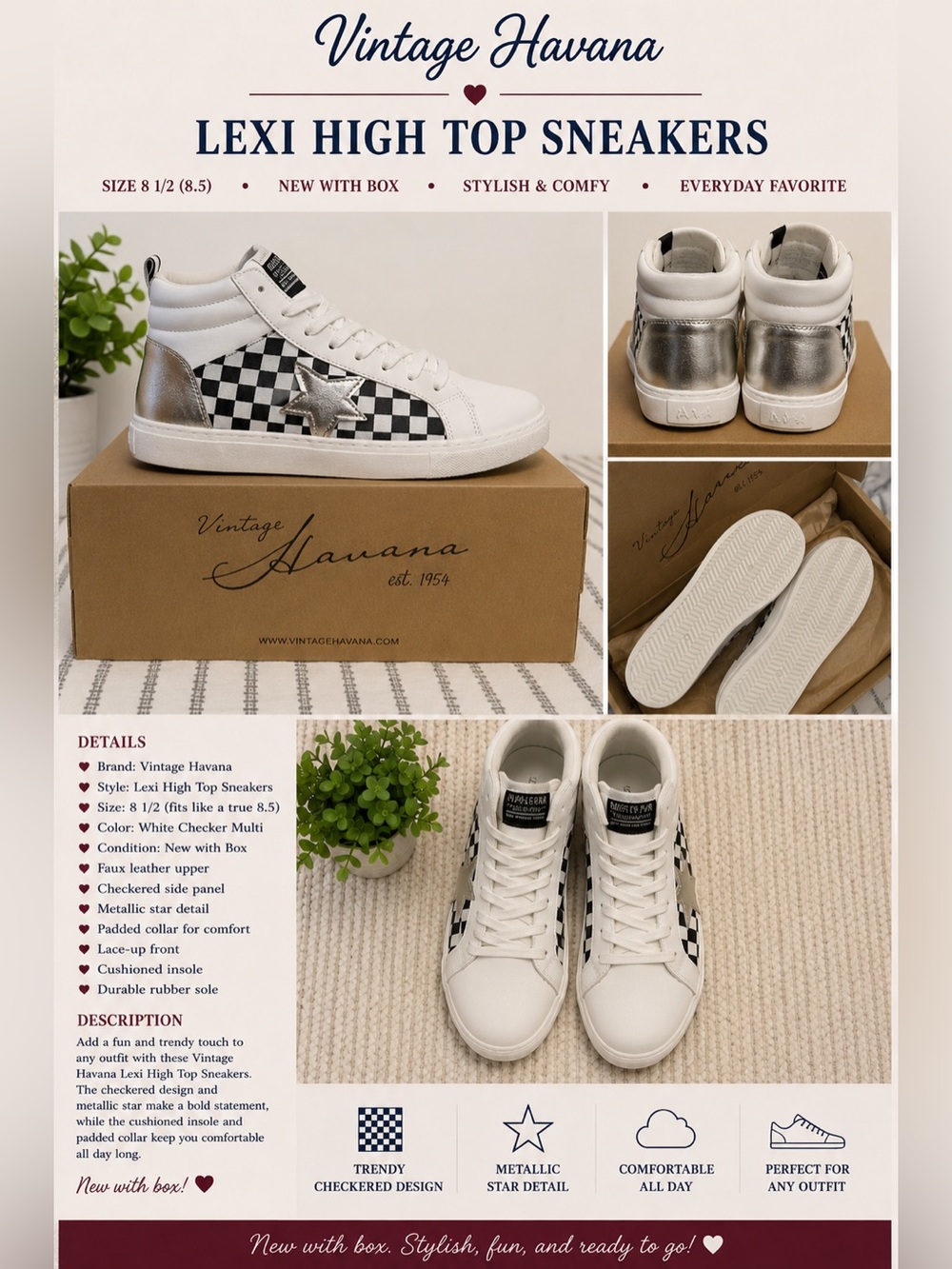 Vintage Havana High Top Sneakers - White Checker with Metallic Silver Star